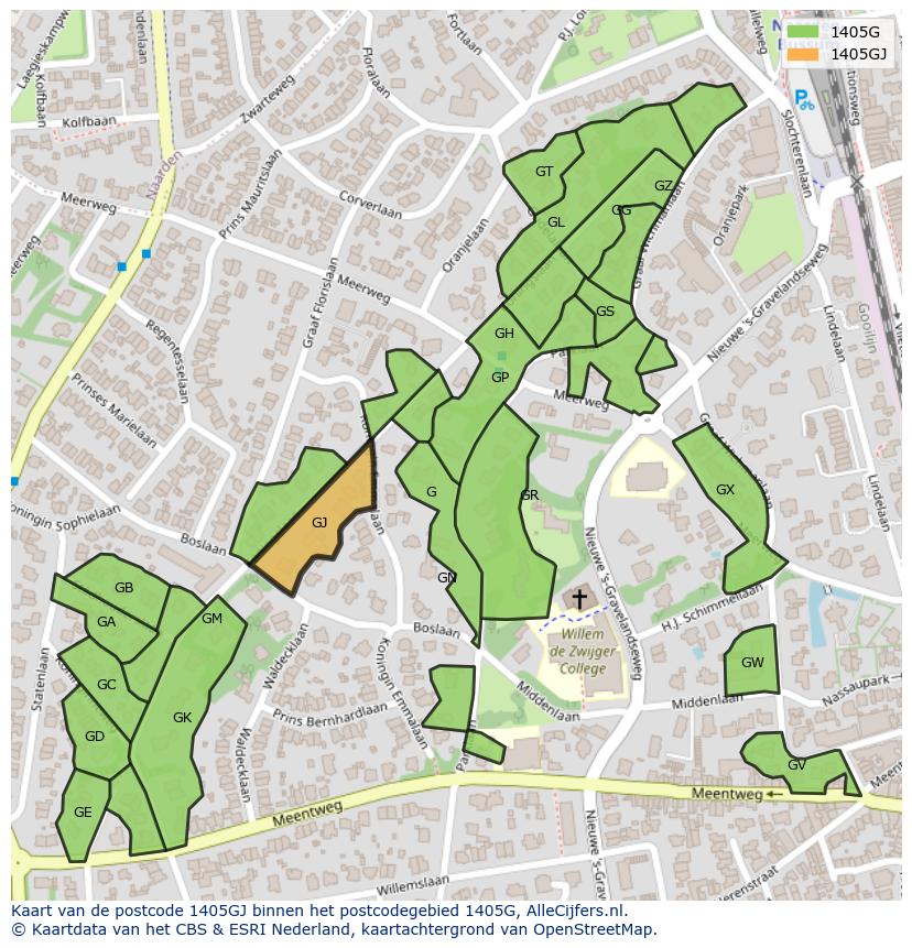 Afbeelding van het postcodegebied 1405 GJ op de kaart.
