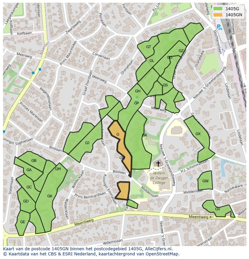 Afbeelding van het postcodegebied 1405 GN op de kaart.