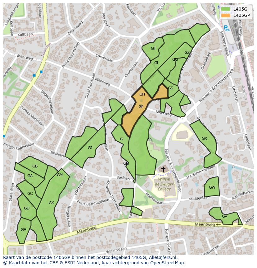 Afbeelding van het postcodegebied 1405 GP op de kaart.