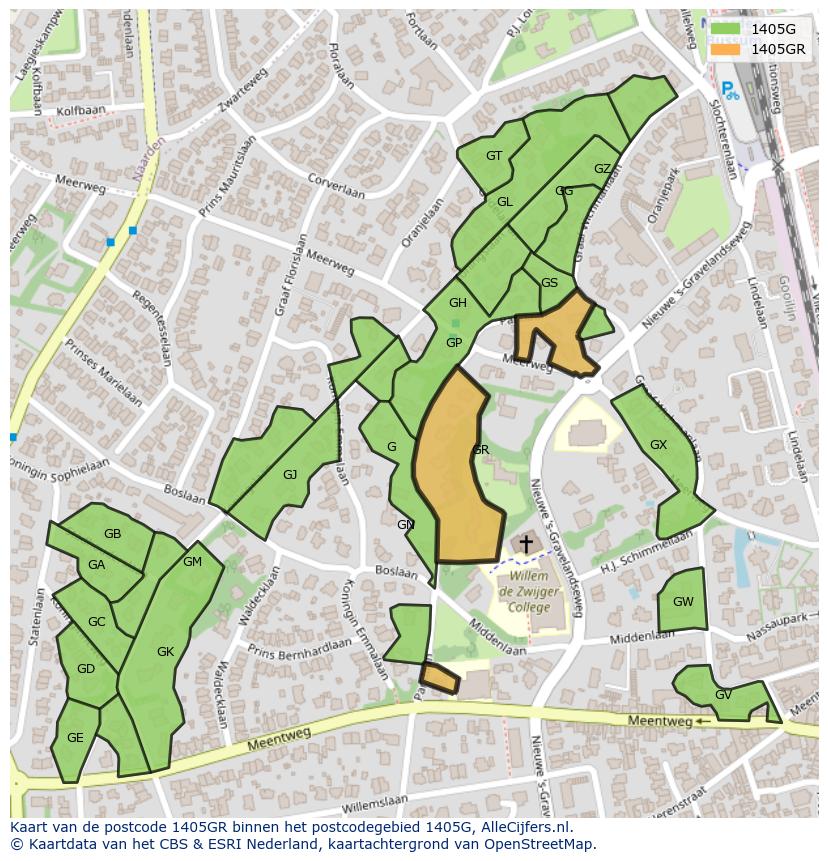 Afbeelding van het postcodegebied 1405 GR op de kaart.