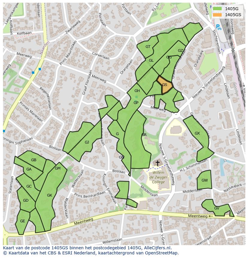 Afbeelding van het postcodegebied 1405 GS op de kaart.