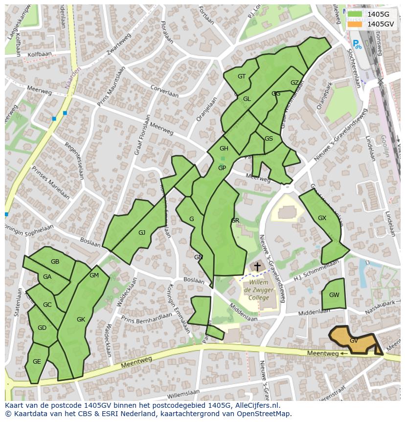 Afbeelding van het postcodegebied 1405 GV op de kaart.