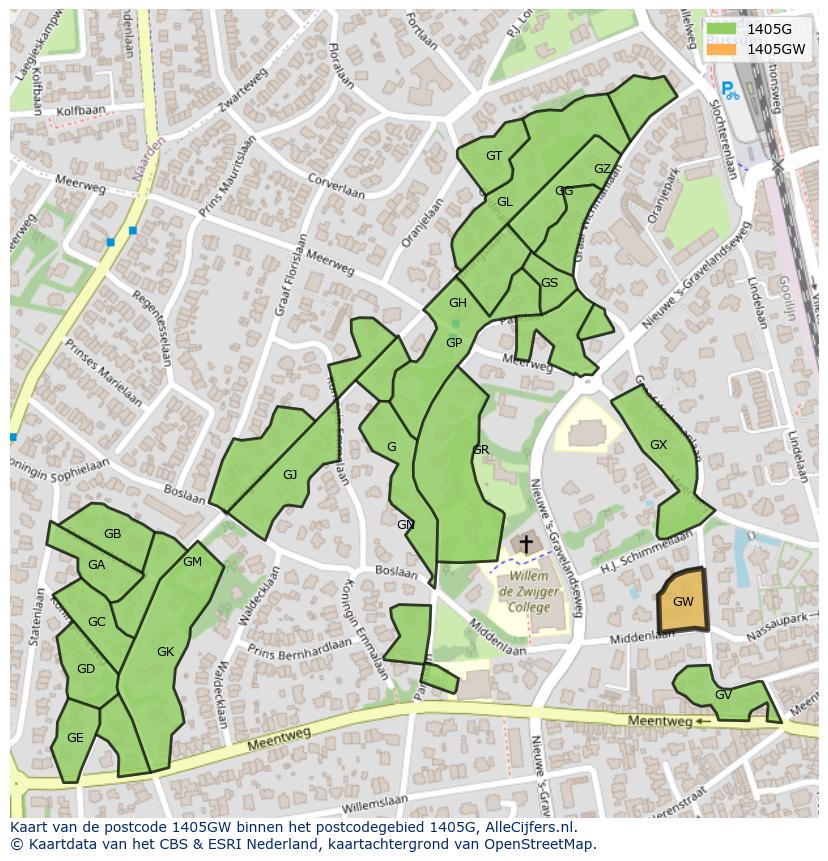 Afbeelding van het postcodegebied 1405 GW op de kaart.