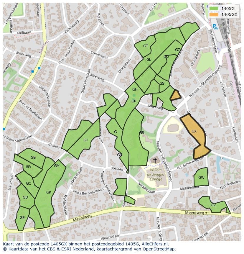 Afbeelding van het postcodegebied 1405 GX op de kaart.