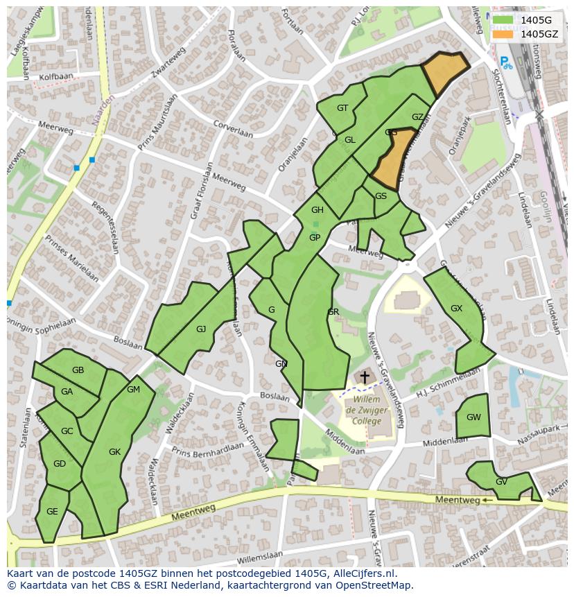 Afbeelding van het postcodegebied 1405 GZ op de kaart.