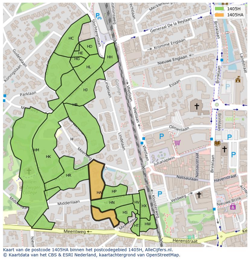 Afbeelding van het postcodegebied 1405 HA op de kaart.