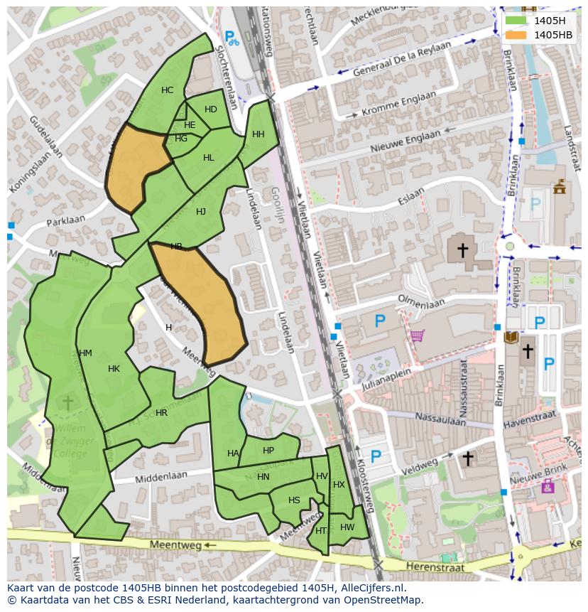 Afbeelding van het postcodegebied 1405 HB op de kaart.