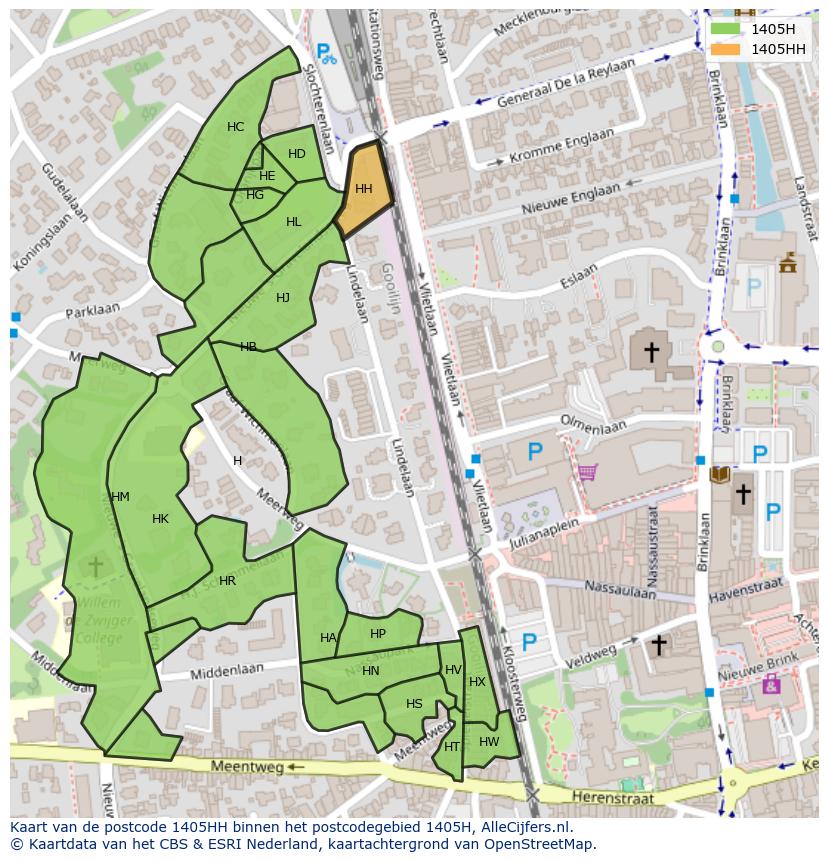 Afbeelding van het postcodegebied 1405 HH op de kaart.