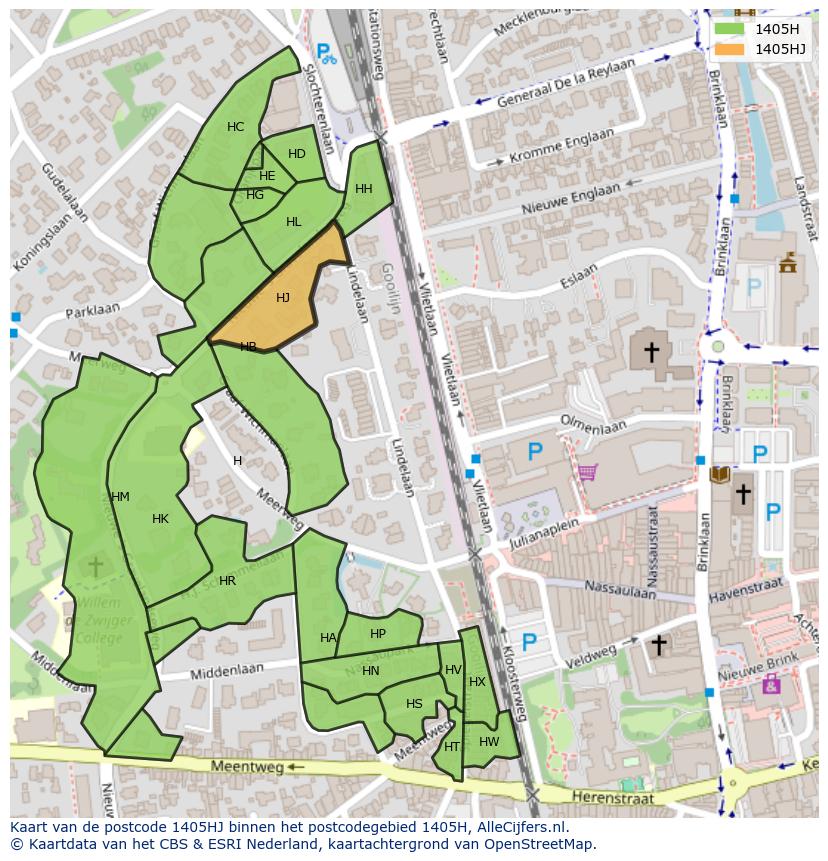 Afbeelding van het postcodegebied 1405 HJ op de kaart.