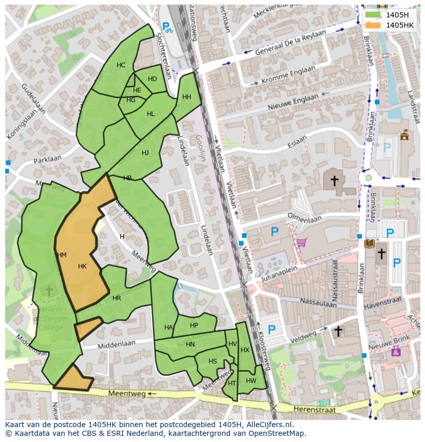 Afbeelding van het postcodegebied 1405 HK op de kaart.