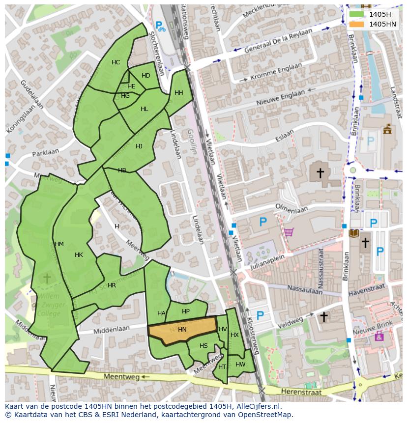 Afbeelding van het postcodegebied 1405 HN op de kaart.