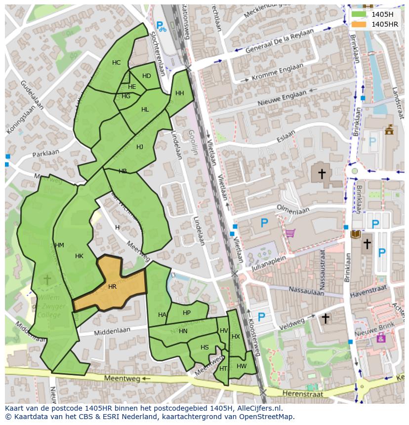 Afbeelding van het postcodegebied 1405 HR op de kaart.