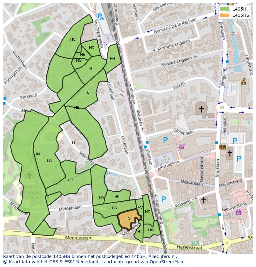Afbeelding van het postcodegebied 1405 HS op de kaart.
