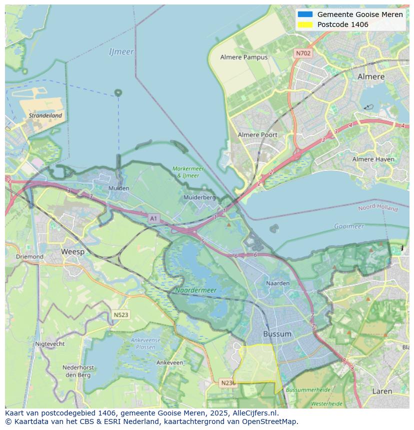 Afbeelding van het postcodegebied 1406 op de kaart.