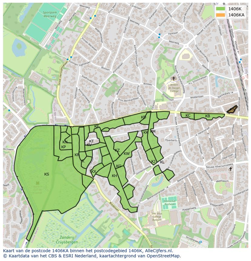 Afbeelding van het postcodegebied 1406 KA op de kaart.