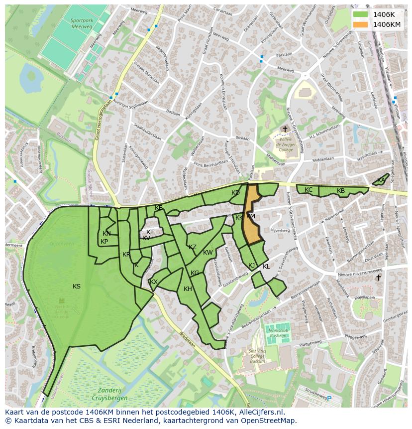 Afbeelding van het postcodegebied 1406 KM op de kaart.