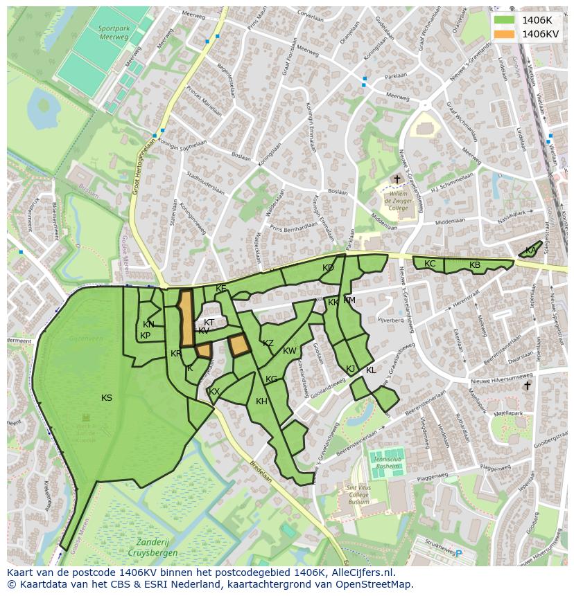 Afbeelding van het postcodegebied 1406 KV op de kaart.