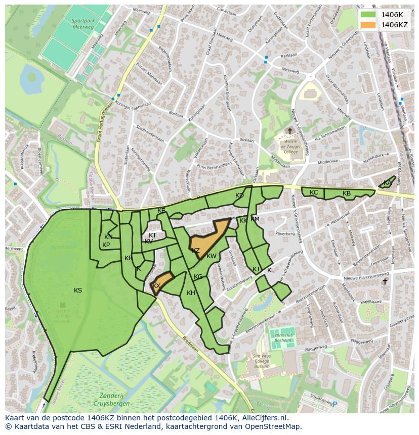 Afbeelding van het postcodegebied 1406 KZ op de kaart.