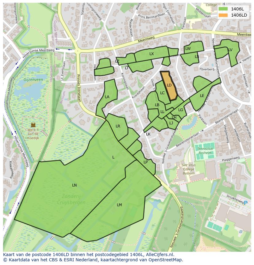 Afbeelding van het postcodegebied 1406 LD op de kaart.