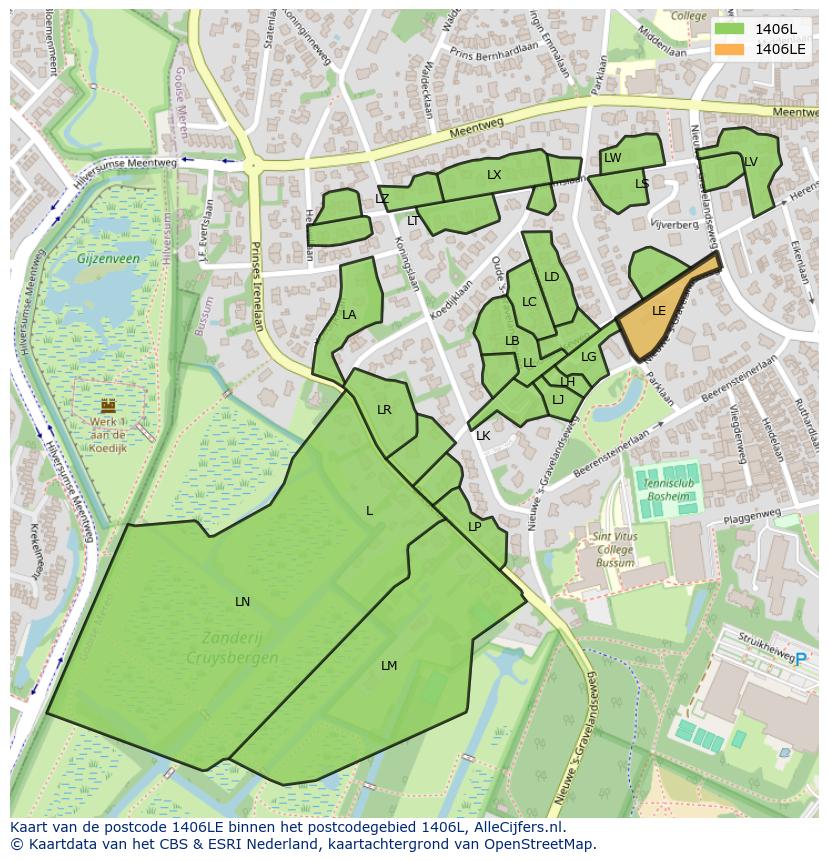 Afbeelding van het postcodegebied 1406 LE op de kaart.