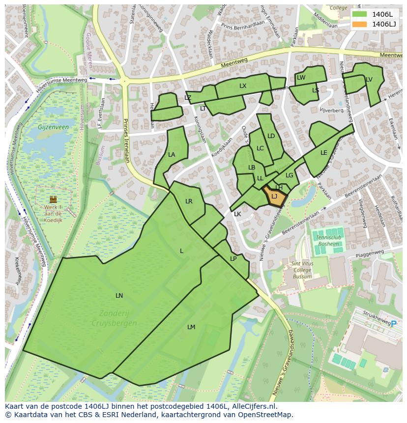 Afbeelding van het postcodegebied 1406 LJ op de kaart.