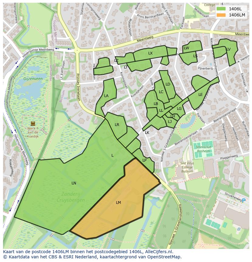 Afbeelding van het postcodegebied 1406 LM op de kaart.