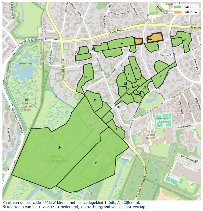 Afbeelding van het postcodegebied 1406 LW op de kaart.