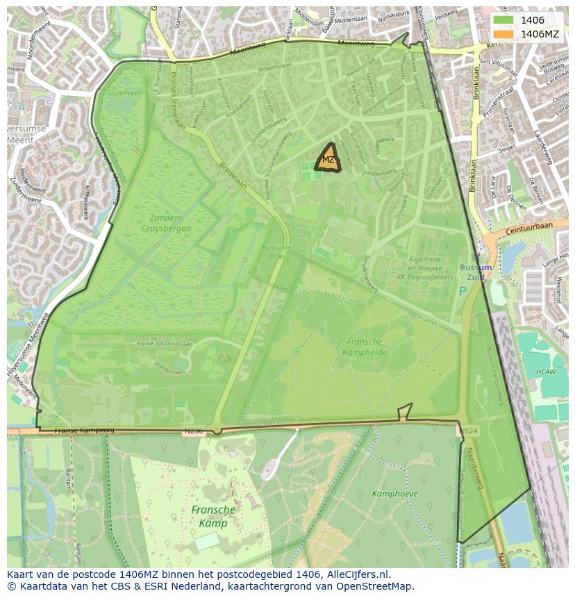 Afbeelding van het postcodegebied 1406 MZ op de kaart.