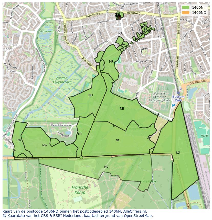 Afbeelding van het postcodegebied 1406 ND op de kaart.