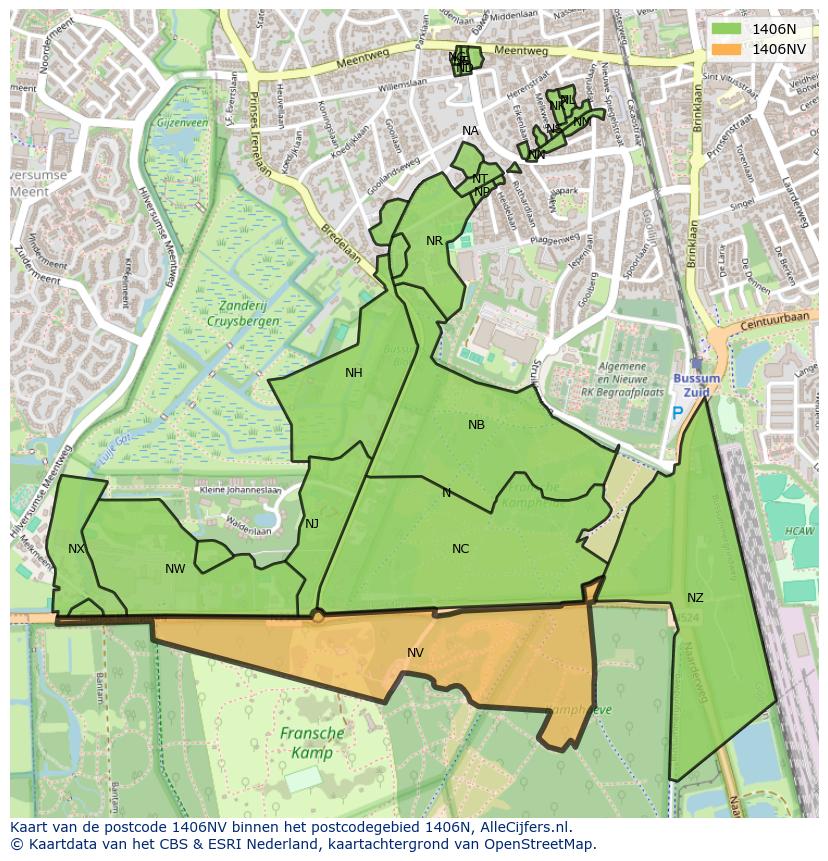 Afbeelding van het postcodegebied 1406 NV op de kaart.