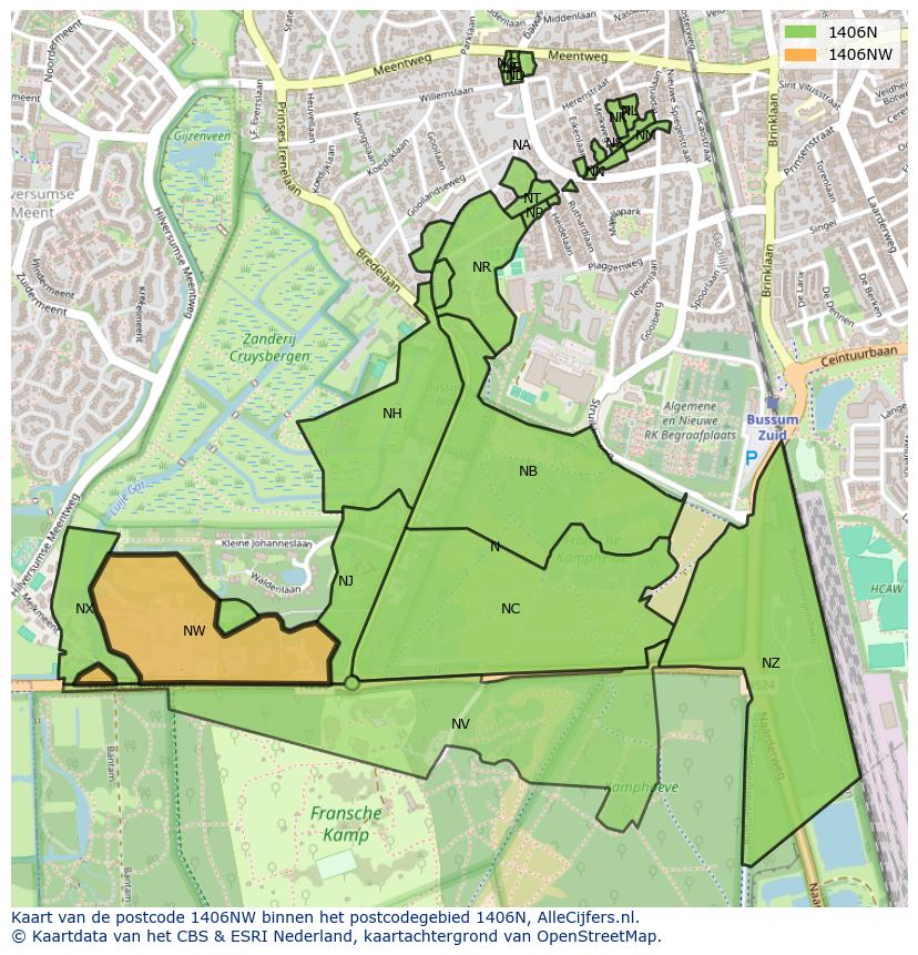 Afbeelding van het postcodegebied 1406 NW op de kaart.