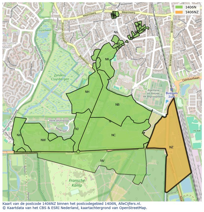 Afbeelding van het postcodegebied 1406 NZ op de kaart.