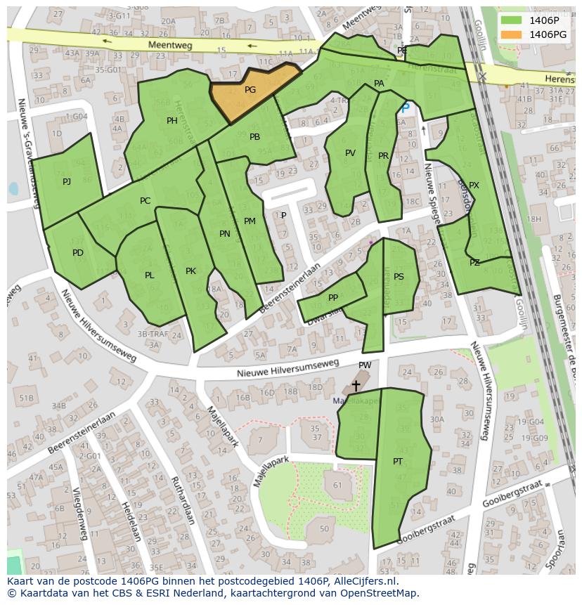 Afbeelding van het postcodegebied 1406 PG op de kaart.