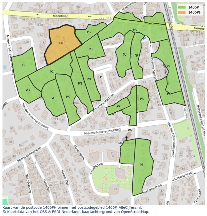 Afbeelding van het postcodegebied 1406 PH op de kaart.