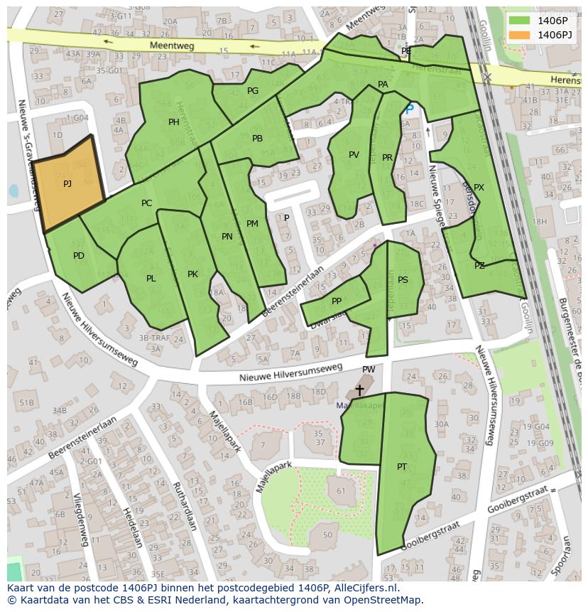 Afbeelding van het postcodegebied 1406 PJ op de kaart.