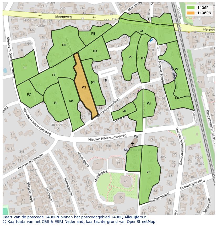 Afbeelding van het postcodegebied 1406 PN op de kaart.