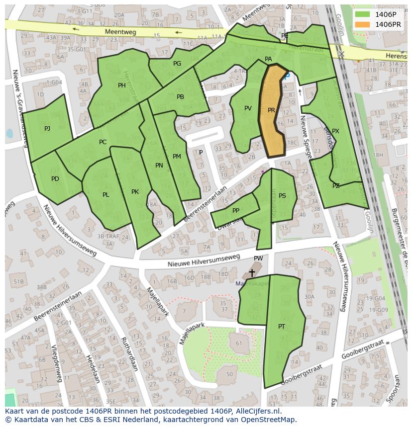 Afbeelding van het postcodegebied 1406 PR op de kaart.