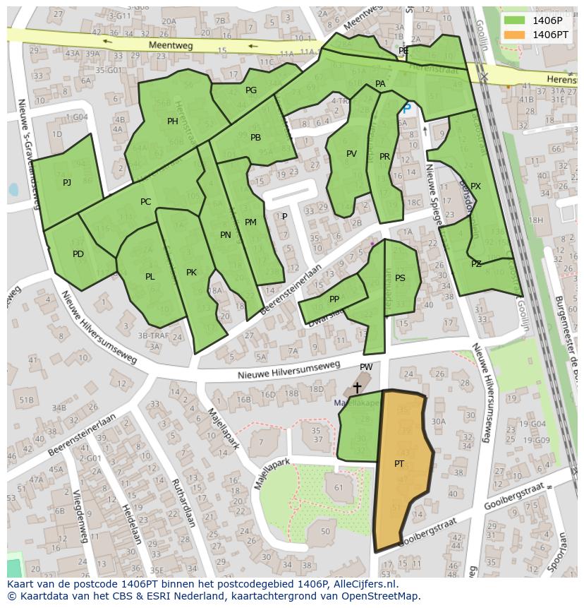 Afbeelding van het postcodegebied 1406 PT op de kaart.