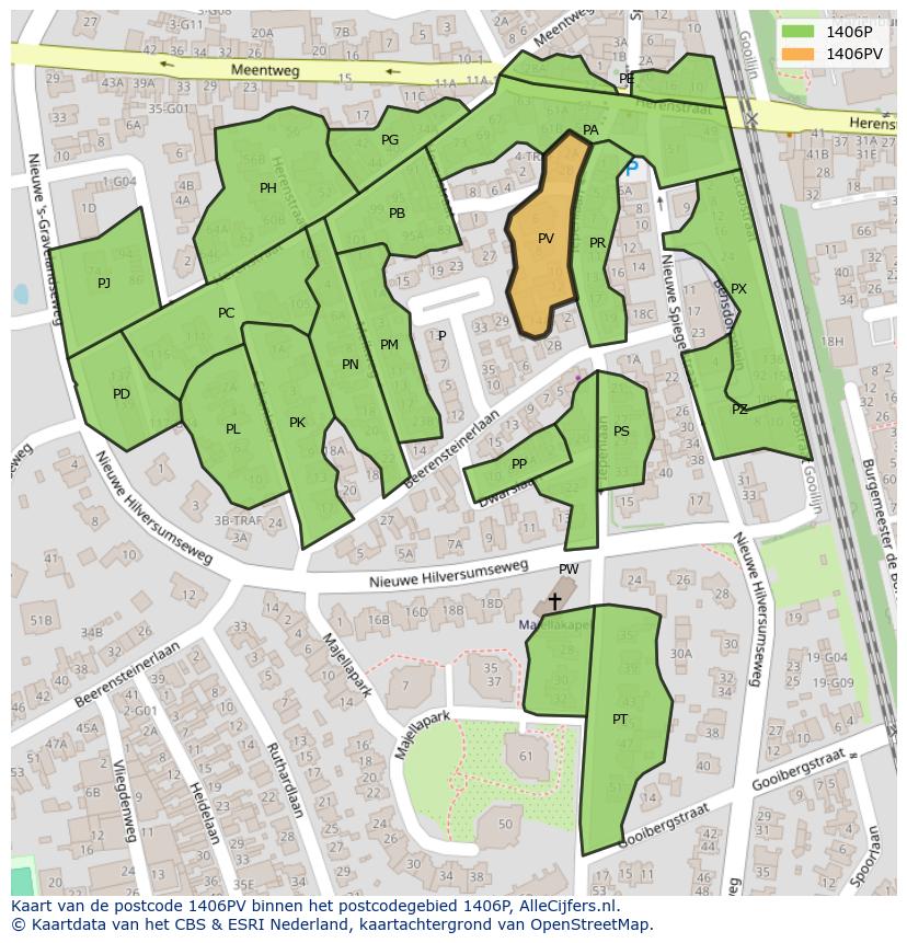 Afbeelding van het postcodegebied 1406 PV op de kaart.