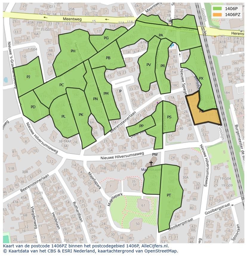 Afbeelding van het postcodegebied 1406 PZ op de kaart.