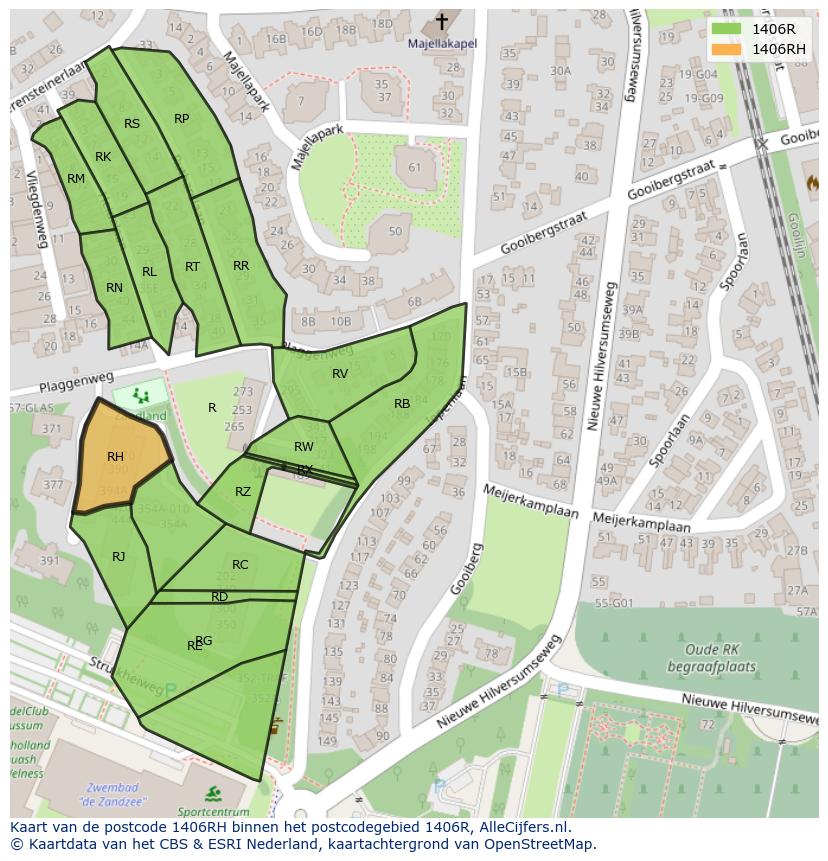 Afbeelding van het postcodegebied 1406 RH op de kaart.
