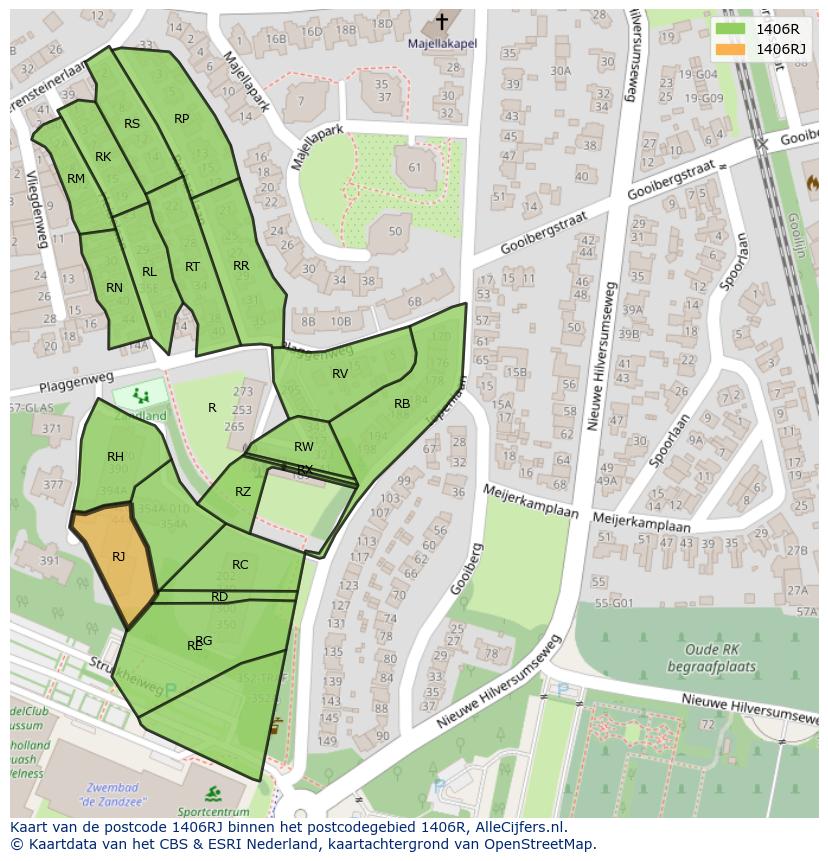 Afbeelding van het postcodegebied 1406 RJ op de kaart.