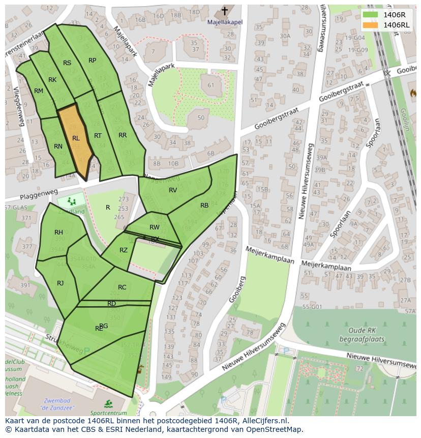 Afbeelding van het postcodegebied 1406 RL op de kaart.