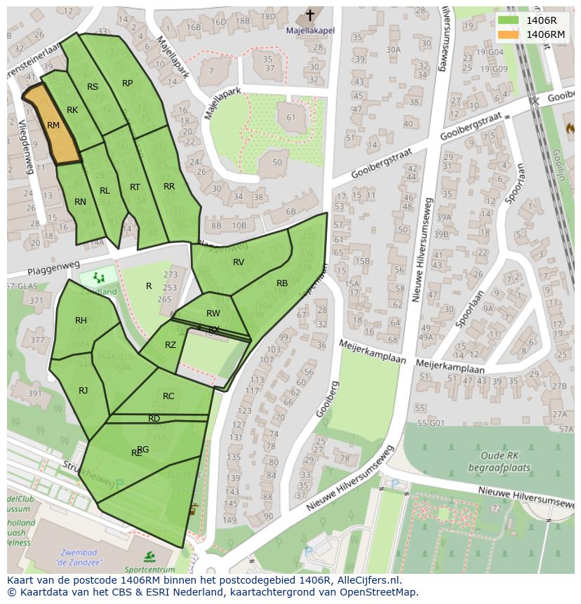 Afbeelding van het postcodegebied 1406 RM op de kaart.