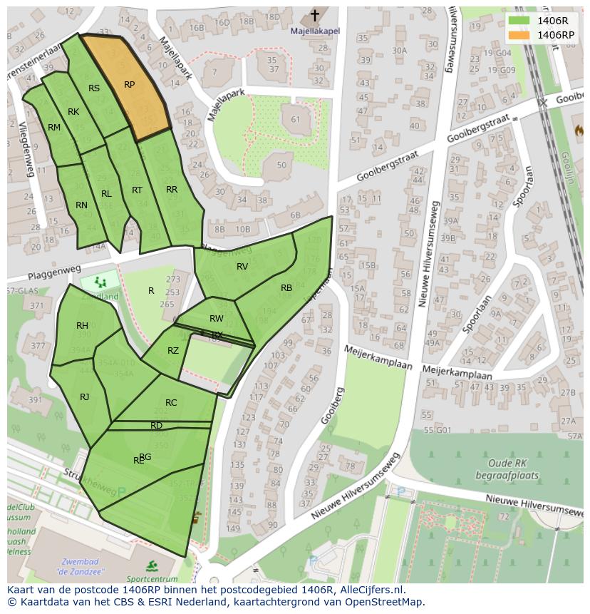 Afbeelding van het postcodegebied 1406 RP op de kaart.