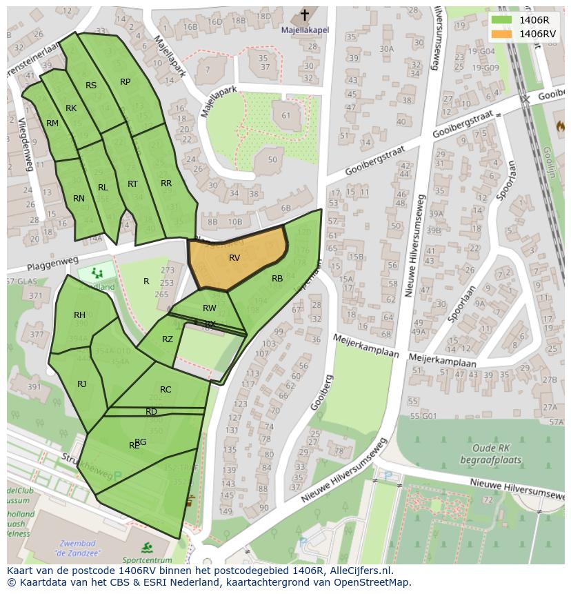 Afbeelding van het postcodegebied 1406 RV op de kaart.