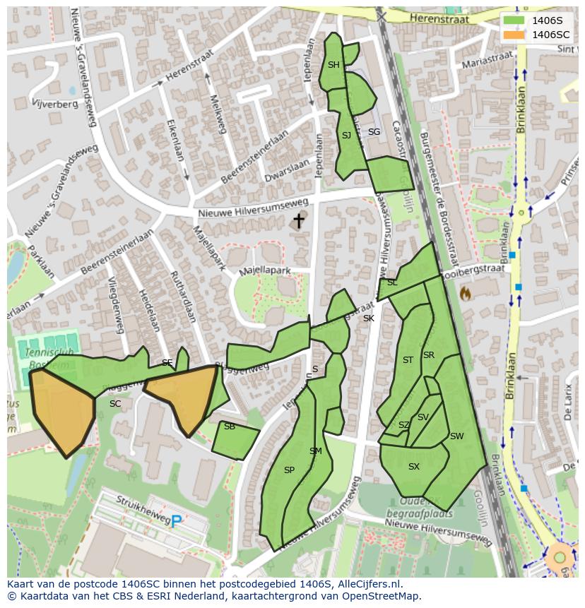 Afbeelding van het postcodegebied 1406 SC op de kaart.
