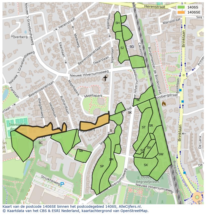 Afbeelding van het postcodegebied 1406 SE op de kaart.