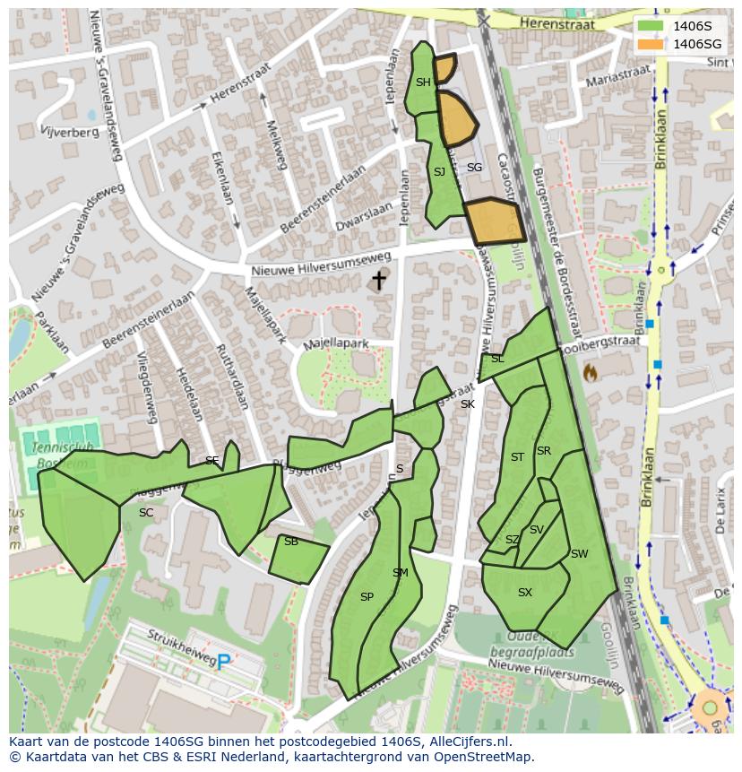 Afbeelding van het postcodegebied 1406 SG op de kaart.