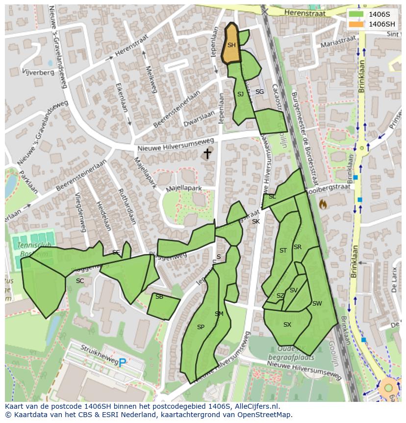 Afbeelding van het postcodegebied 1406 SH op de kaart.